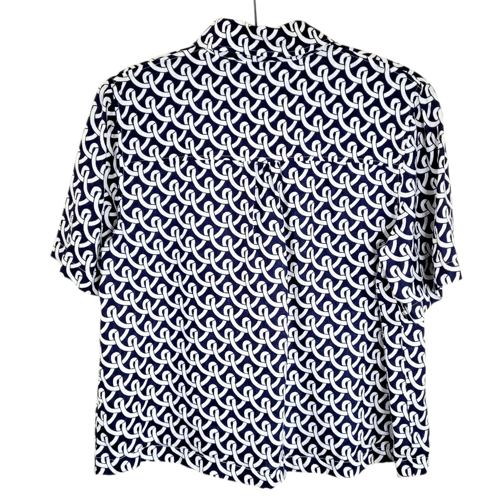 BODEN Hazel Short Sleeve Linen Shirt In Navy Blue White Geo Terrace Print Size 6 - Picture 4 of 10